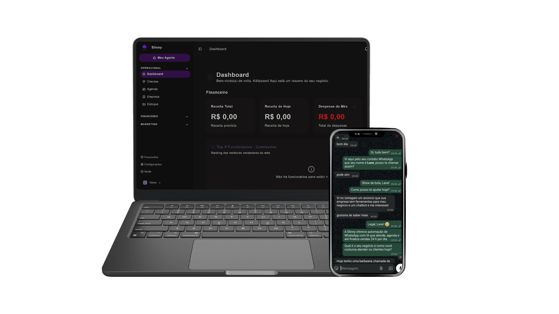 Dashboard Slinny no computador e atendimento WhatsApp no celular